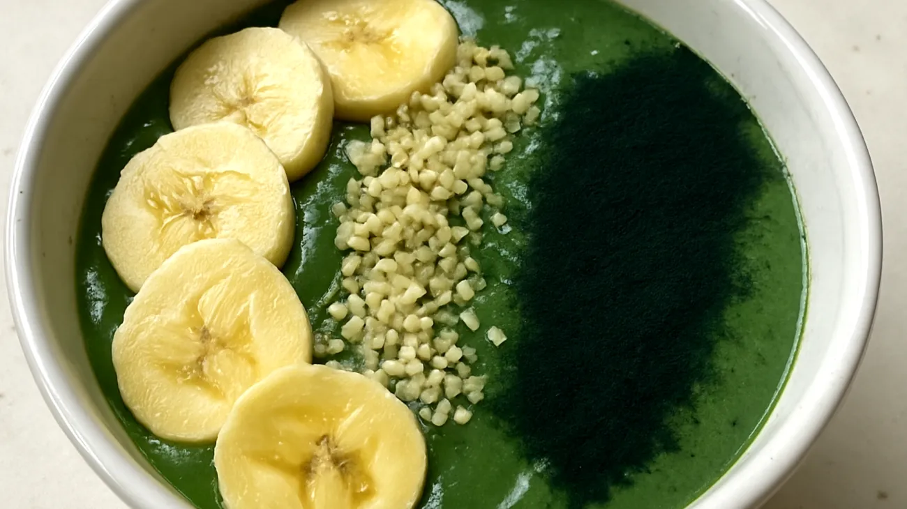 Smoothie bowl con semi di canapa, banana e spirulina"