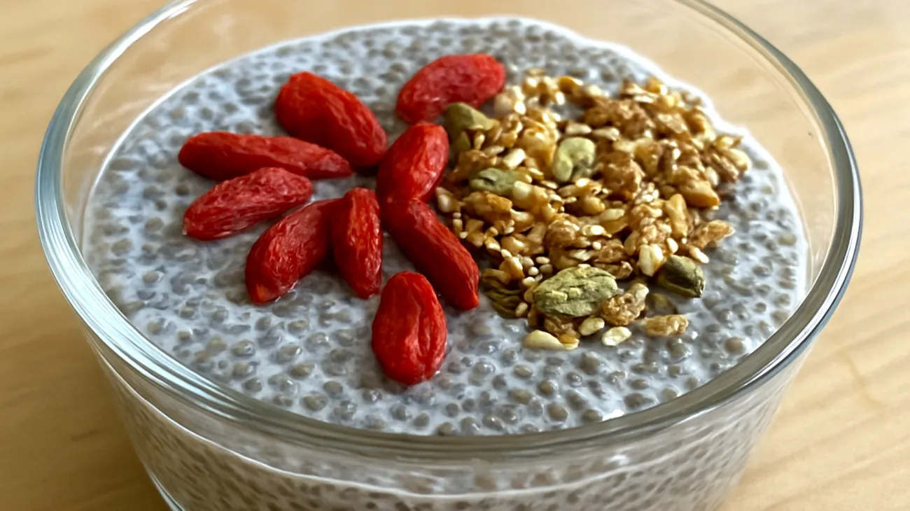 Pudding di semi di chia con bacche di goji e granola di semi misti"