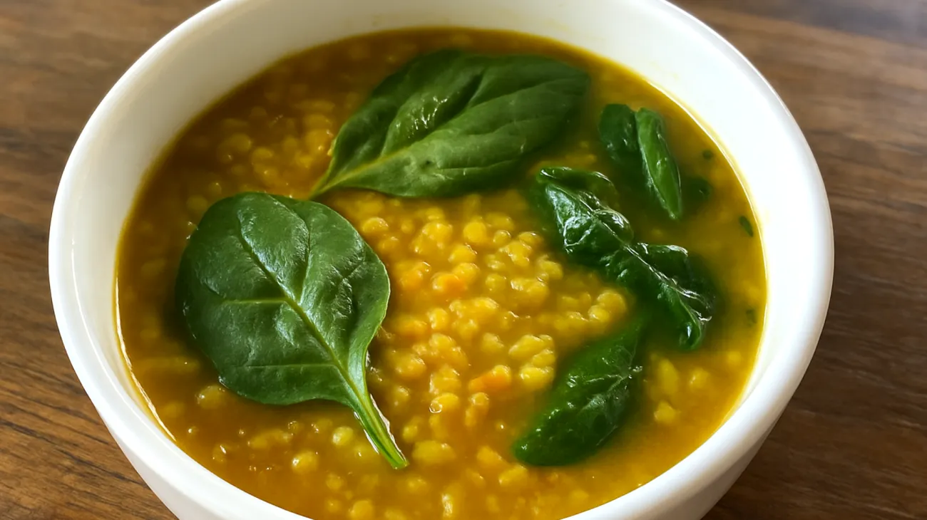 Zuppa di lenticchie rosse con curcuma e spinaci"