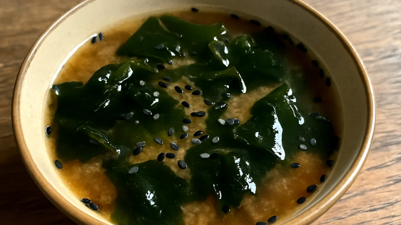 Zuppa di miso con alghe wakame e semi di sesamo nero"